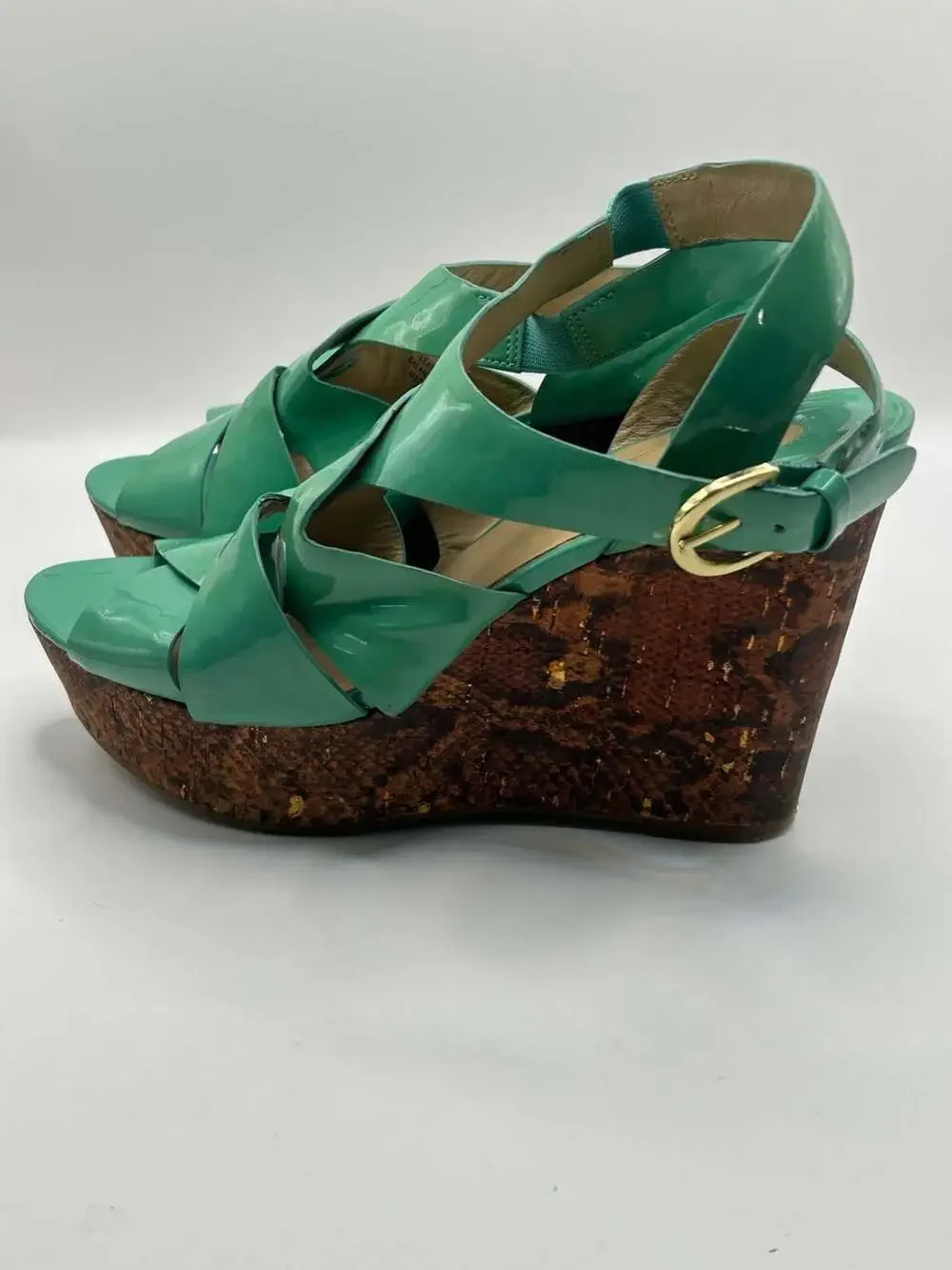 Joan & David Daisleen Mint Green Patent Leather Cork Wedge Sandals